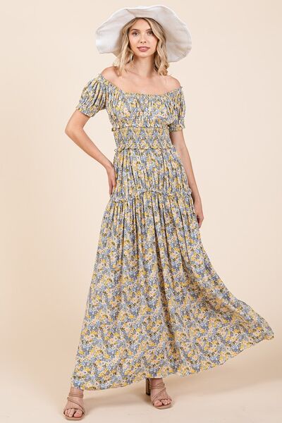 Mittoshop Flower Print Puff Sleeve Gathered Maxi Dress Light Blue Casual Dresses