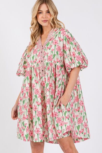 SAGE + FIG Floral Half Button Notched Puff Sleeve Dress Casual Dresses