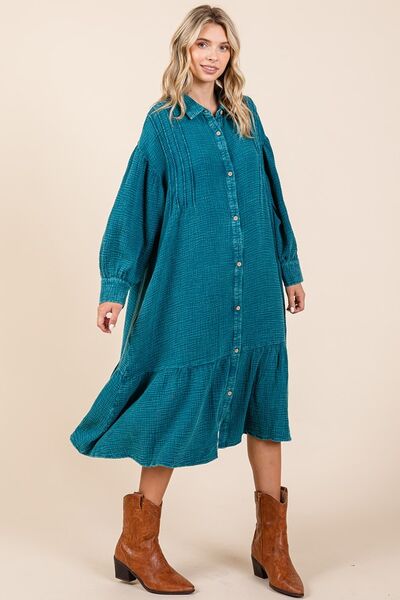 Mittoshop Mineral Wash Cotton Gauze Ruffle Midi Shirt Dress Casual Dresses