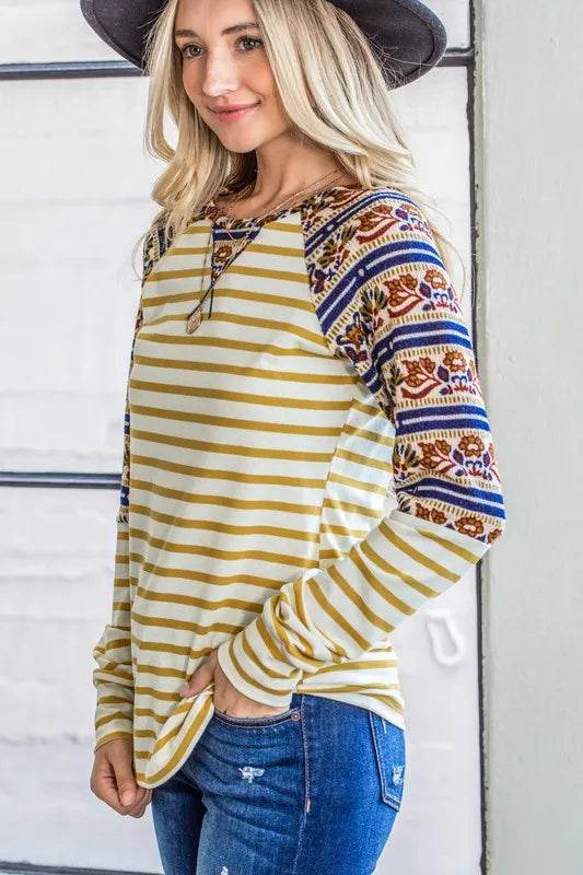 And The Why Stripe Ethnic Print Raglan Top - Shop Style & More | Fresh Looks, Everyday Deals & Free Shipping