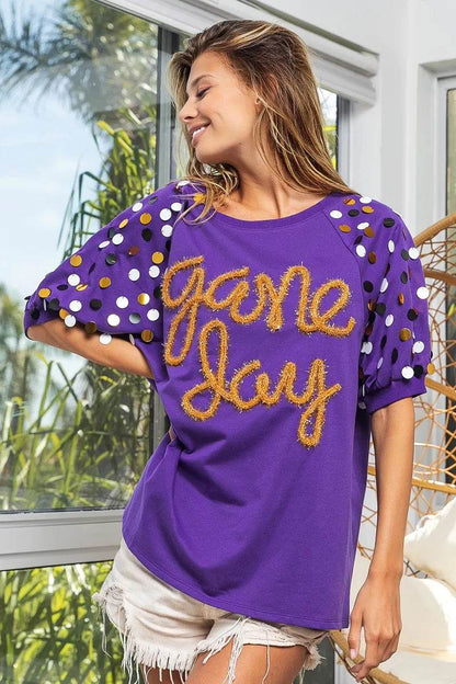 BiBi Game Day Metallic Letter Spangle Sleeve Top - Shop Style & More | Fresh Looks, Everyday Deals & Free Shipping