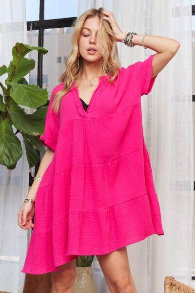 ADORA Tiered Notched Short Sleeve Dress - Shop Style & More | Fresh Looks, Everyday Deals & Free Shipping