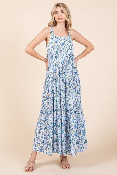 Mittoshop Flower Print Tiered Sleeveless Empire Maxi Dress Sky Blue Casual Dresses