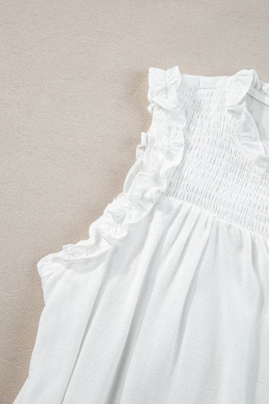 Savan Button Split Neck Ruffled Trim Tank Top - Shop Style & More | Fresh Looks, Everyday Deals & Free Shipping