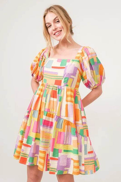 And The Why Square Neck Puff Sleeve Geo Printed Mini Dress - Shop Style & More | Fresh Looks, Everyday Deals & Free Shipping