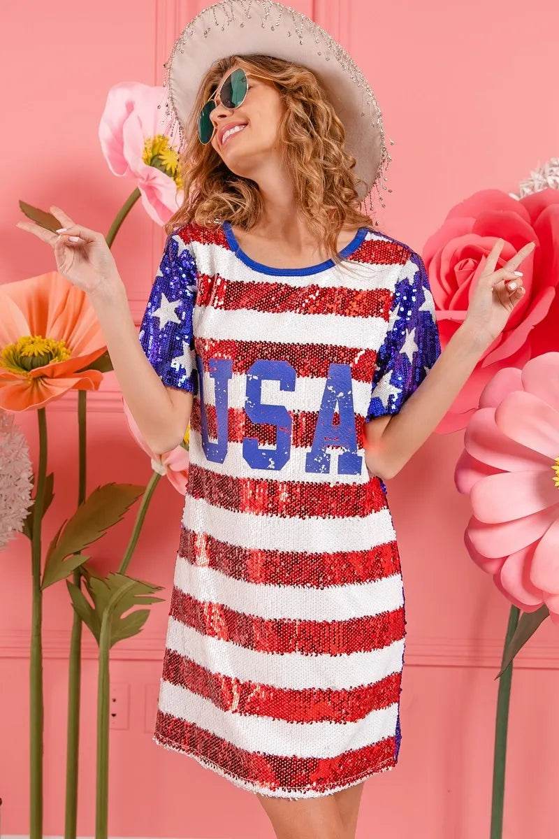 BiBi American Flag Theme Usa Print Sequin Dress - Shop Style & More | Fresh Looks, Everyday Deals & Free Shipping