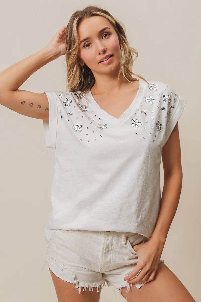 BiBi Slub Jersey Rhinestone V Neck Top - Shop Style & More | Fresh Looks, Everyday Deals & Free Shipping