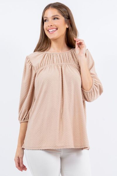 Celeste Full Size Puff Sleeve and Bow Detail Top Plus Size Dust Storm Blouses