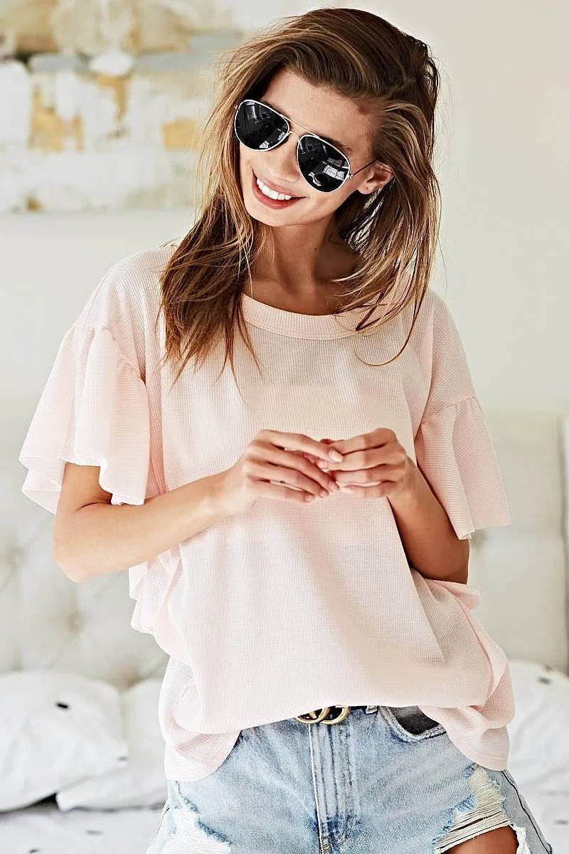 BiBi Thermal Knit with Ruffled Sleeve Top - Shop Style & More | Fresh Looks, Everyday Deals & Free Shipping