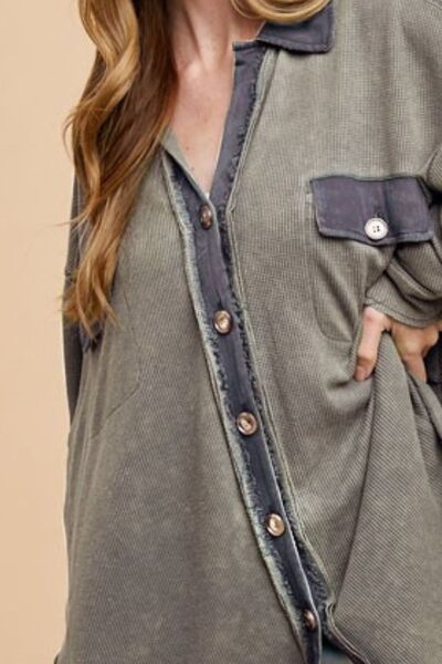 Annie Wear Waffle-Knit Mineral Washed Button Down Shirt Blouses