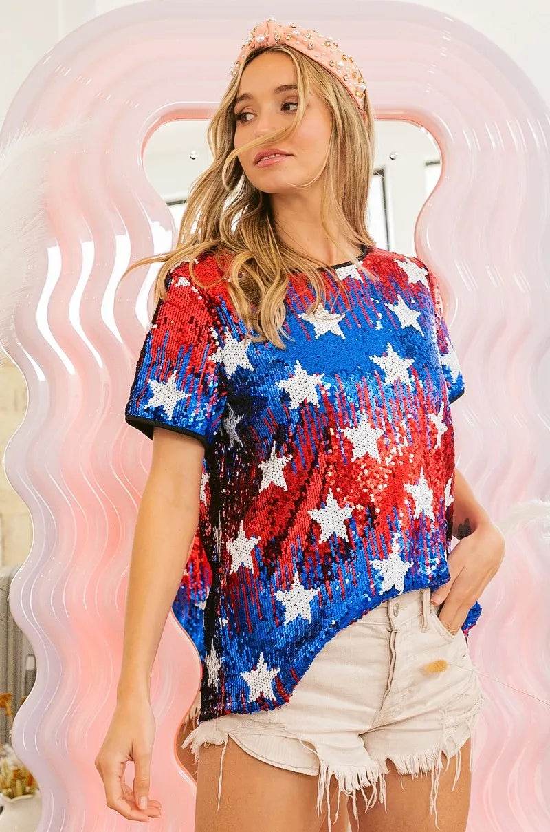 BiBi American Theme Star Pattern Sequin Top - Shop Style & More | Fresh Looks, Everyday Deals & Free Shipping