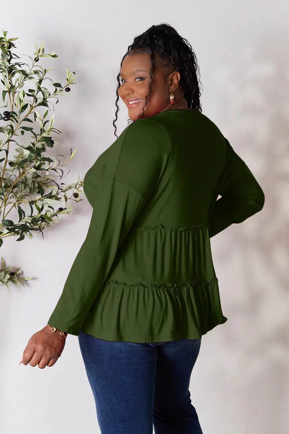 Double Take Half Button Long Sleeve Ruffle Hem Blouse - Shop Style & More | Fresh Looks, Everyday Deals & Free Shipping