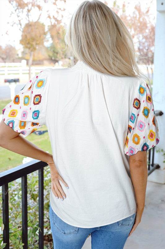 Khaleesi Embroidered Smocked Neck Puff Sleeve Top - Shop Style & More | Fresh Looks, Everyday Deals & Free Shipping