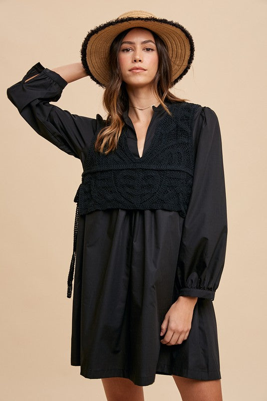 Annie Wear Crochet Vest Notched Long Sleeve Shirt Dress Black Casual Dresses