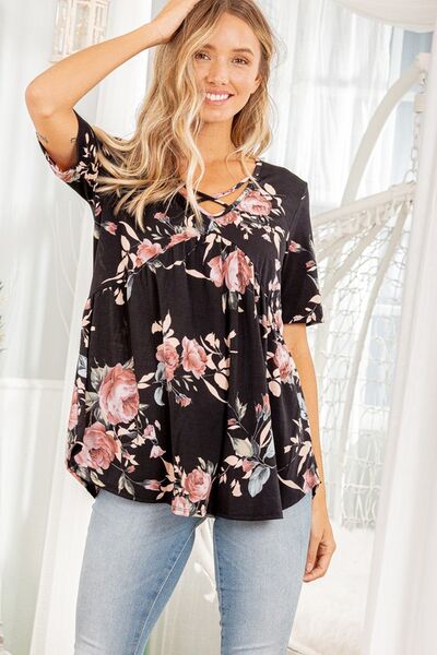 Heimish Full Size Crisscross Neck Floral Babydoll Top Plus Size Black Blouses