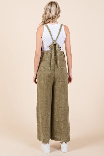Mittoshop Textured Wide Leg Overalls - Olive Jumpsuits