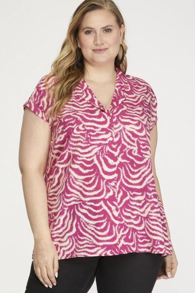 She + Sky Full Size Printed Button Down Cap Sleeve Shirt Plus Size Blouses