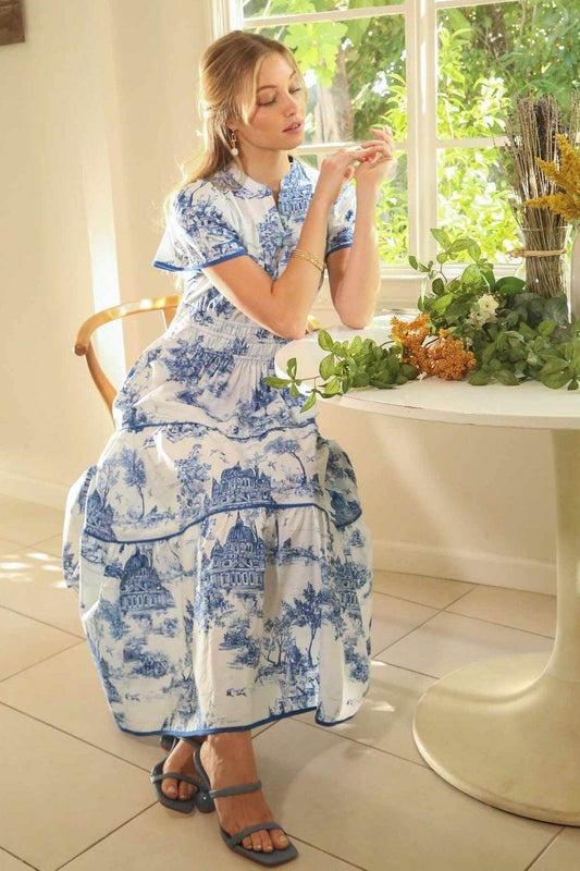 Umgee Full Size Landscape Print Short Sleeve Tiered Maxi Dress Plus Size - Shop Style & More | Fresh Looks, Everyday Deals & Free Shipping
