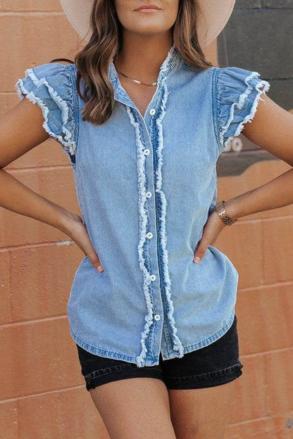 Ashlyn Ruffled Flutter Frayed Denim Top - Shop Style & More | Fresh Looks, Everyday Deals & Free Shipping