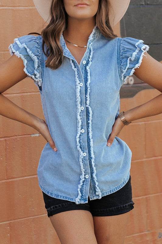 Ashlyn Ruffled Flutter Frayed Denim Top - Shop Style & More | Fresh Looks, Everyday Deals & Free Shipping