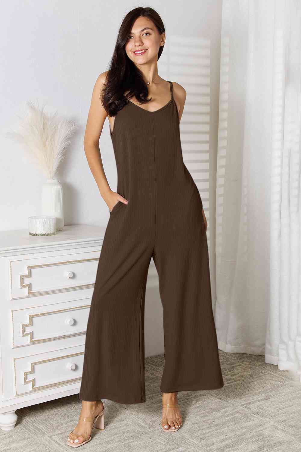 Basic Bae Spaghetti Strap Jumpsuit - Full Size V-Neck Design Chocolate Jumpsuits