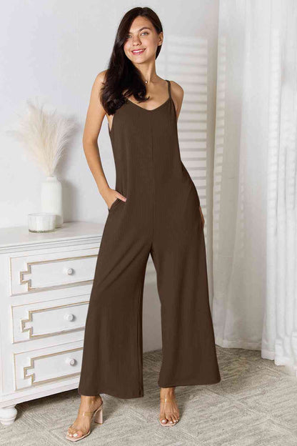 Basic Bae Spaghetti Strap Jumpsuit - Full Size V-Neck Design Chocolate Jumpsuits