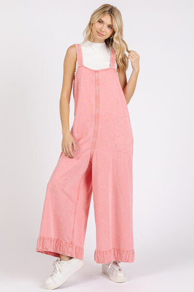 Mittoshop Ruffled Hem Wide Leg Overalls with Pockets Jumpsuits