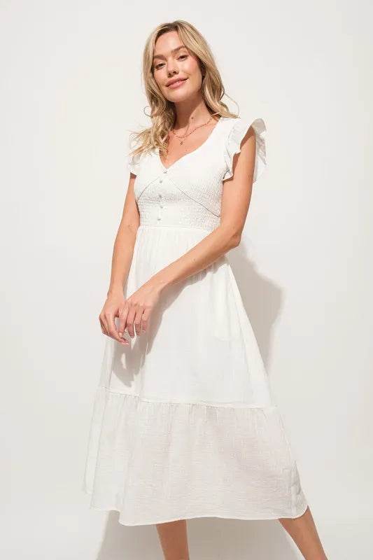 And The Why Ruffle Sleeve Front Smocked Tiered Midi Dress - Shop Style & More | Fresh Looks, Everyday Deals & Free Shipping