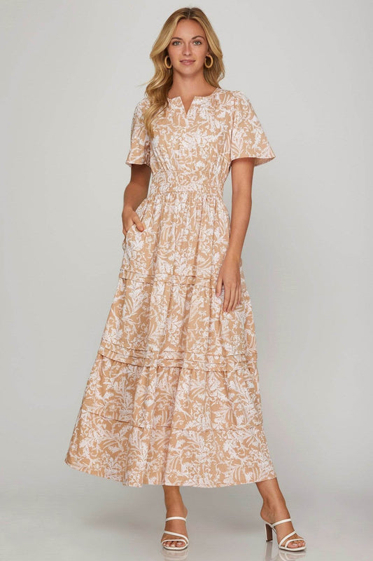 She + Sky Printed Notched Woven Tiered Pintuck Maxi Dress with Side Pockets - Shop Style & More | Fresh Looks, Everyday Deals & Free Shipping