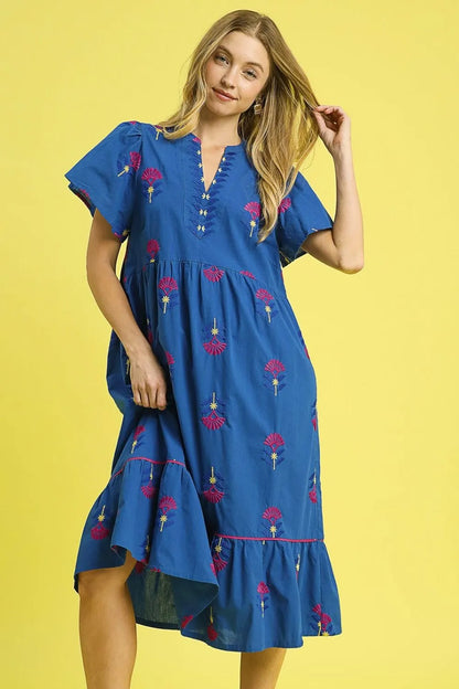 Umgee Embroidered Tiered Midi Dress Dresses - Casual Dresses