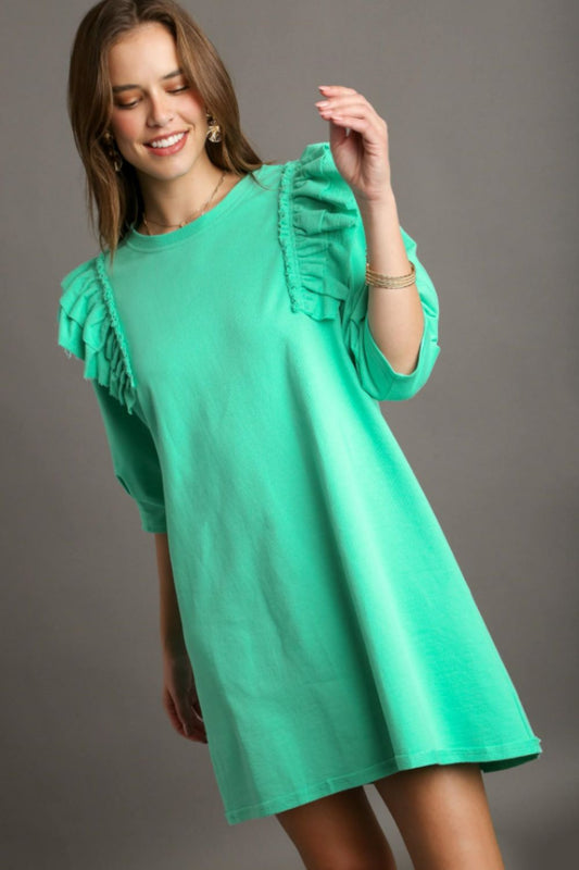 Umgee Full Size French Terry Ruffles Sleeve with Pleats Plus Size UMG-EMERALD Casual Dresses