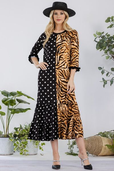 Celeste Full Size Polka Dot & Leopard Round Neck Midi Dress Plus Size Casual Dresses