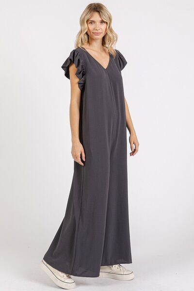 Mittoshop V-Neck Ruffled Jumpsuit with Cap Sleeves and Wide Leg Design Jumpsuits