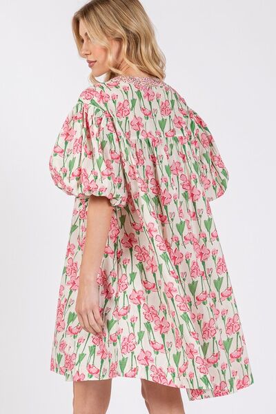 SAGE + FIG Floral Half Button Notched Puff Sleeve Dress Casual Dresses