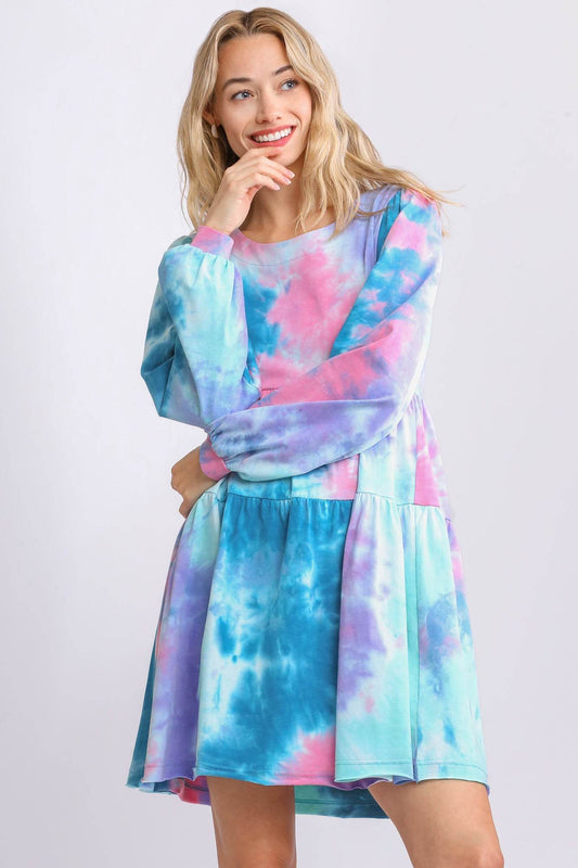 Umgee Full Size Tie Dye Round Neck Long Sleeve Babydoll Tiered Dress Plus Size - Shop Style & More | Fresh Looks, Everyday Deals & Free Shipping