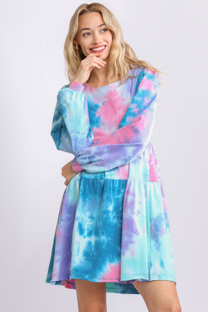 Umgee Full Size Tie Dye Round Neck Long Sleeve Babydoll Tiered Dress Plus Size TEAL PINK Casual Dresses