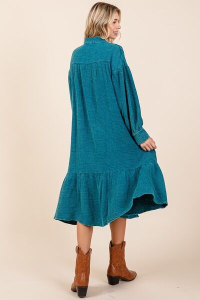 Mittoshop Mineral Wash Cotton Gauze Ruffle Midi Shirt Dress Casual Dresses