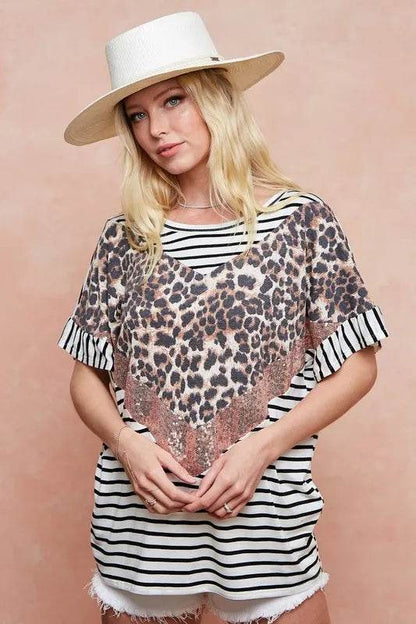 BiBi Stripe Rayon Span Knit Color Block Top With Leopard - Shop Style & More | Fresh Looks, Everyday Deals & Free Shipping