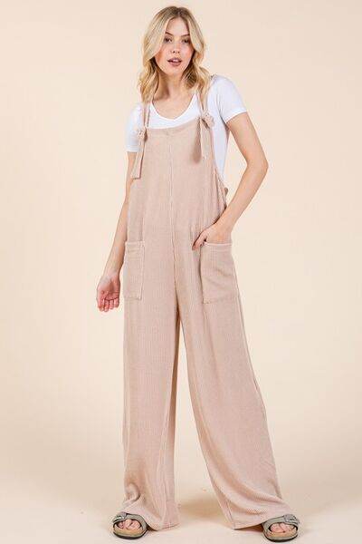 BOMBOM Knot Straps Wide Leg Ribbed Overalls with Pockets - Shop Style & More | Fresh Looks, Everyday Deals & Free Shipping