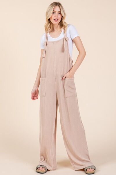 BOMBOM Knot Straps Wide Leg Ribbed Overalls with Pockets Dust Storm Jumpsuits