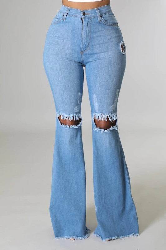 Knee Rip Flare Jean Medium Wash- Inseam 32 - Shop Style & More | Fresh Looks, Everyday Deals & Free Shipping