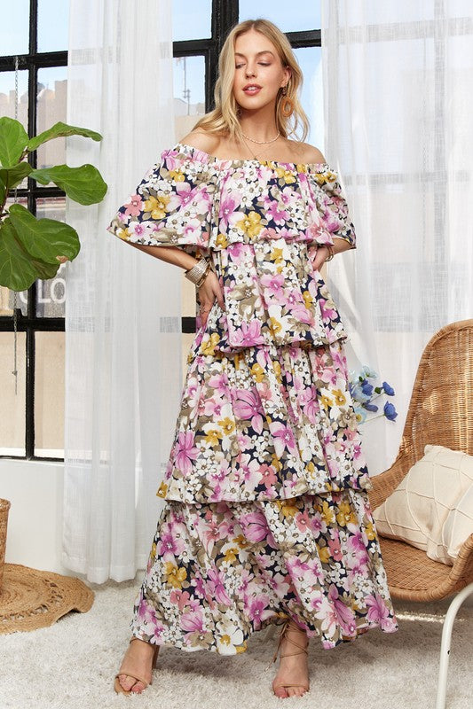 ADORA Layered Floral Off-Shoulder Short Sleeve Maxi Dress Mauve Casual Dresses