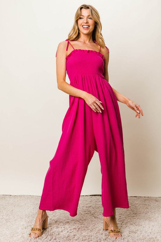 BiBi Texture Smocked Sleeveless Jumpsuit - Shop Style & More | Fresh Looks, Everyday Deals & Free Shipping