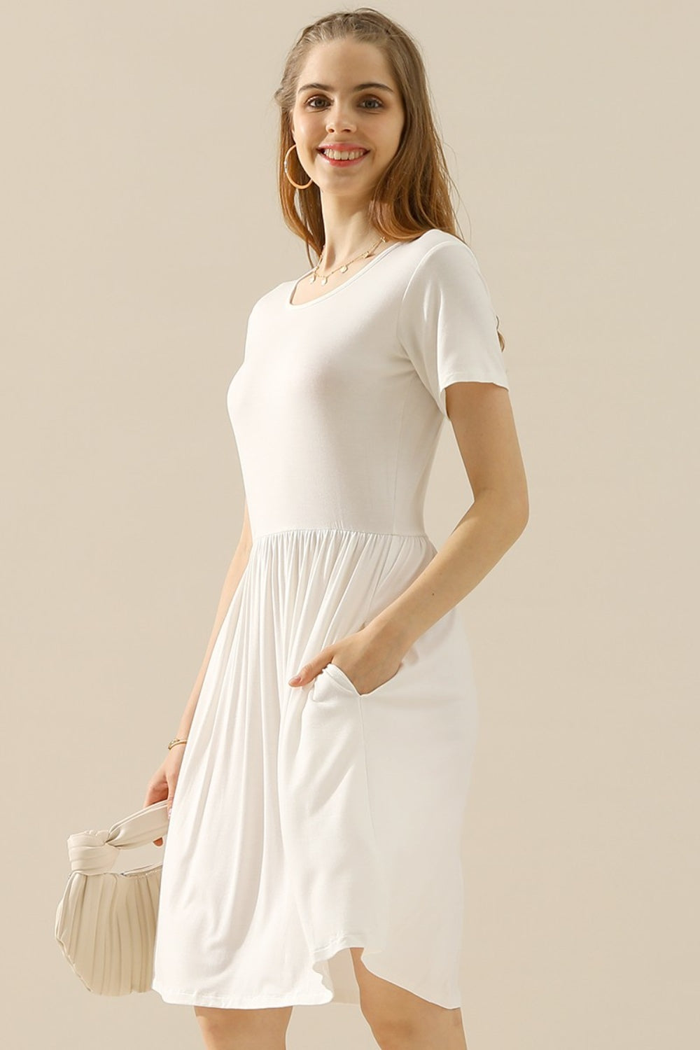 Ninexis Full Size Round Neck Ruched Dress with Pockets Cocktail Dresses