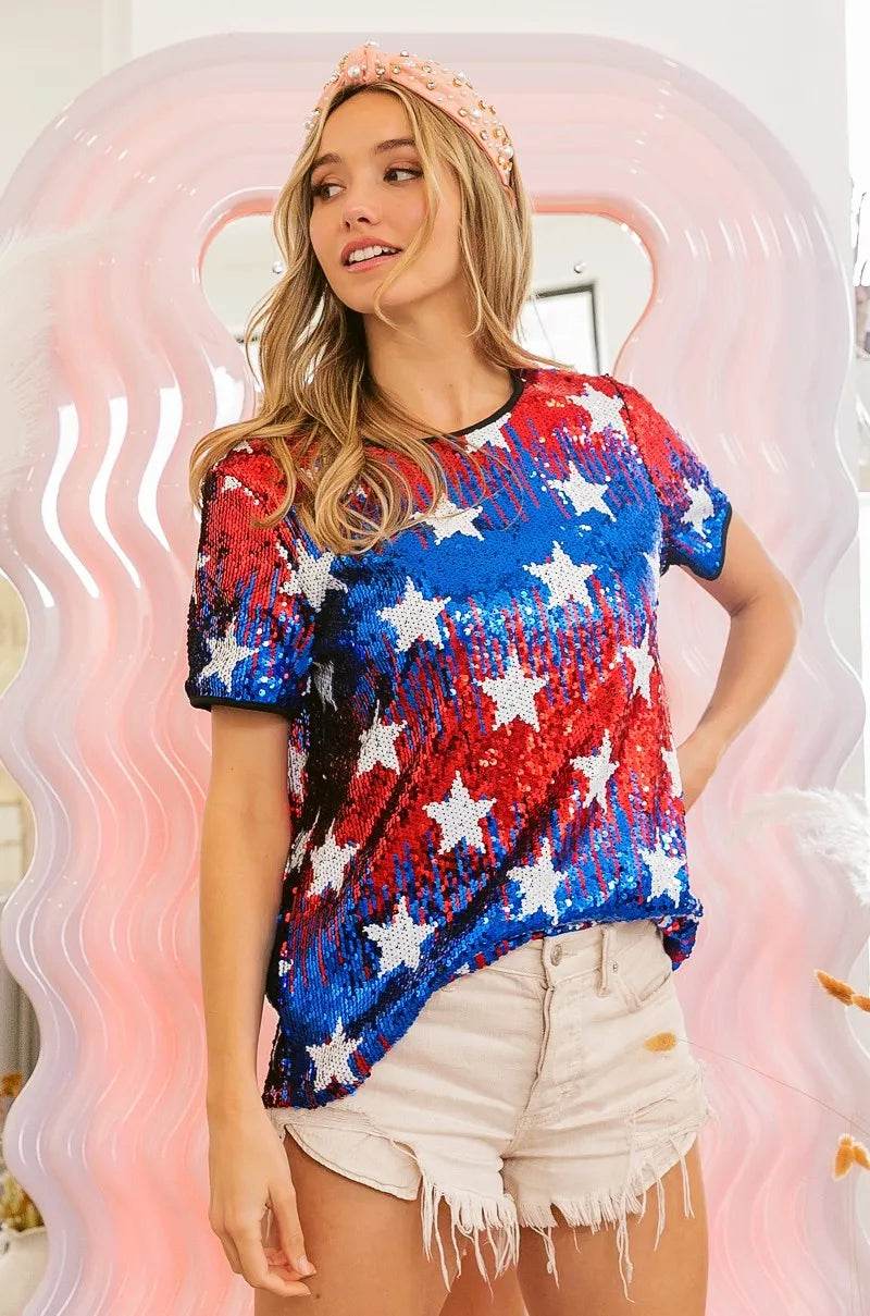 BiBi American Theme Star Pattern Sequin Top - Shop Style & More | Fresh Looks, Everyday Deals & Free Shipping