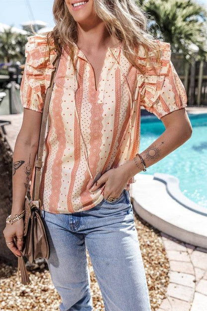 Kelsey Frilled Short Puff Sleeve Mixed Print Blous - Shop Style & More | Fresh Looks, Everyday Deals & Free Shipping