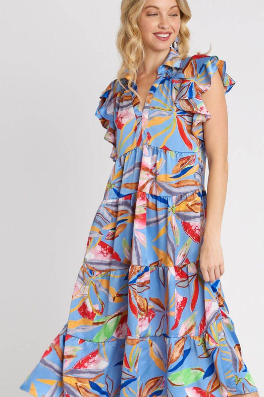 Umgee Full Size Leaf Print Double Layered Ruffle Sleeve Tiered Midi Dress Plus Size - Shop Style & More | Fresh Looks, Everyday Deals & Free Shipping