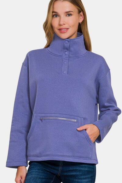 Zenana Turtleneck Half Snap Fleece Sweatshirt Blue Purple Hoodies & Sweaters