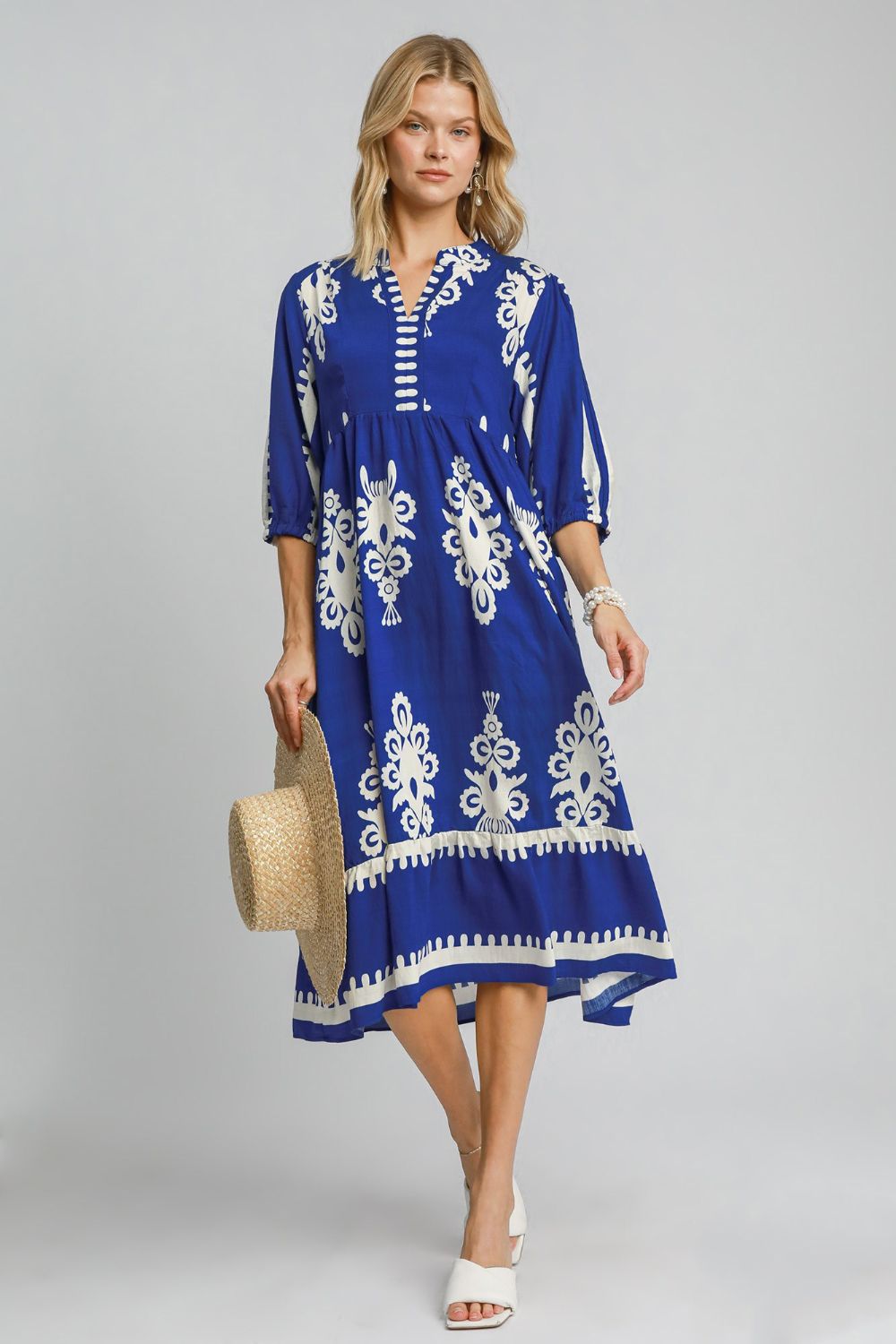 Umgee Printed Notched Midi Dress Royal Blue Casual Dresses