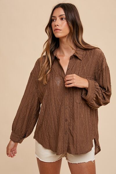 Annie Wear Openwork Button Down Drop Shoulder Shirt Blouses